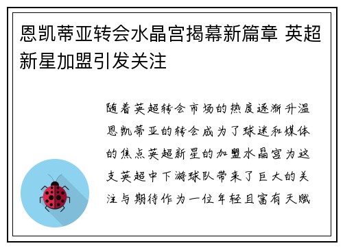 恩凯蒂亚转会水晶宫揭幕新篇章 英超新星加盟引发关注
