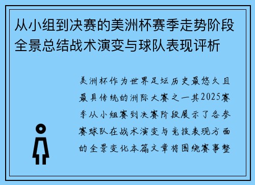 从小组到决赛的美洲杯赛季走势阶段全景总结战术演变与球队表现评析