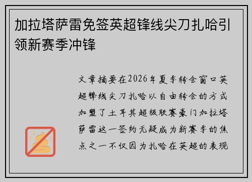 加拉塔萨雷免签英超锋线尖刀扎哈引领新赛季冲锋