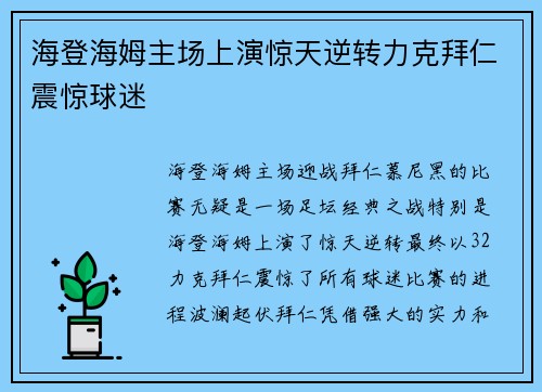 海登海姆主场上演惊天逆转力克拜仁震惊球迷