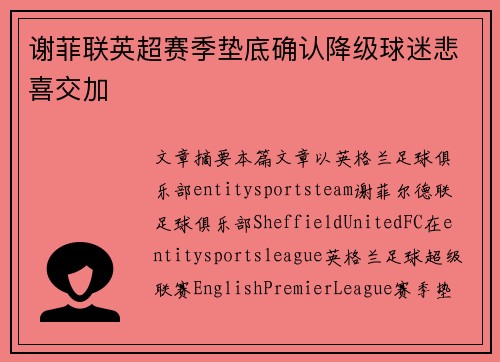 谢菲联英超赛季垫底确认降级球迷悲喜交加